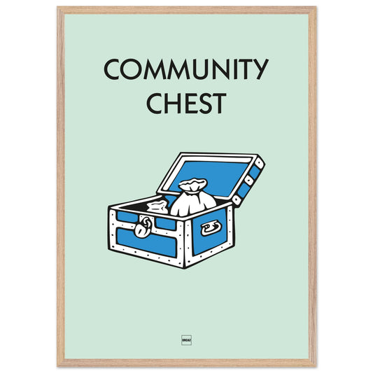 Affiche décorative avec encadrement inspirée de l'illustration caisse de communauté du jeu Monopoly.