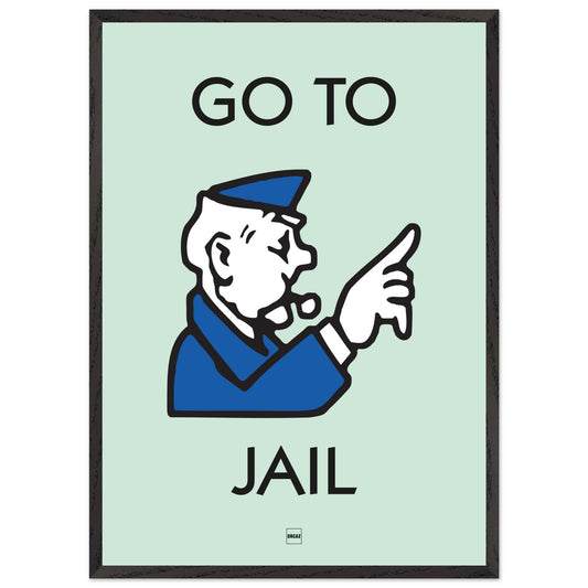 Affiche décorative avec encadrement inspirée de l'illustration Allez en prison du jeu Monopoly.