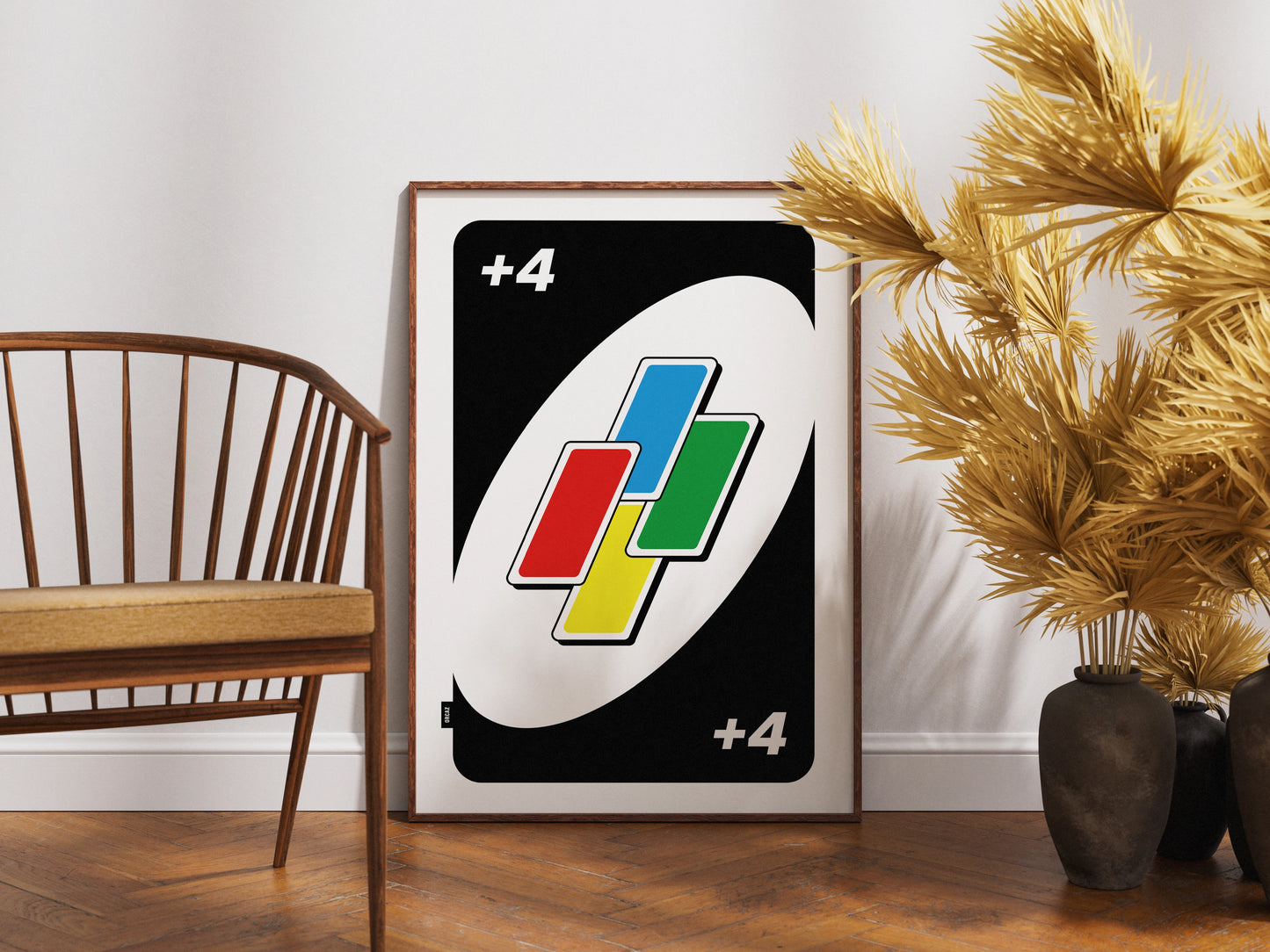 Affiche carte de jeu joker +4 avec cadre en bois