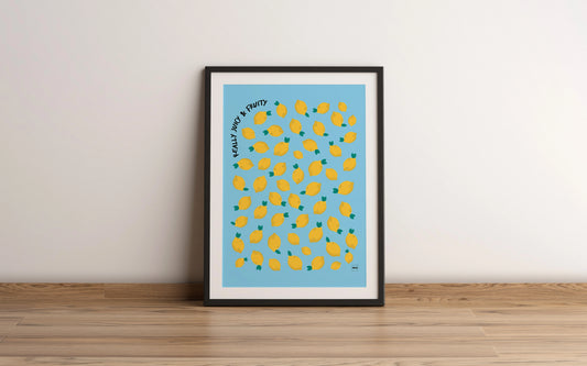 Affiche encadrée avec des illustrations de citrons jaunes sur fond bleu clair.