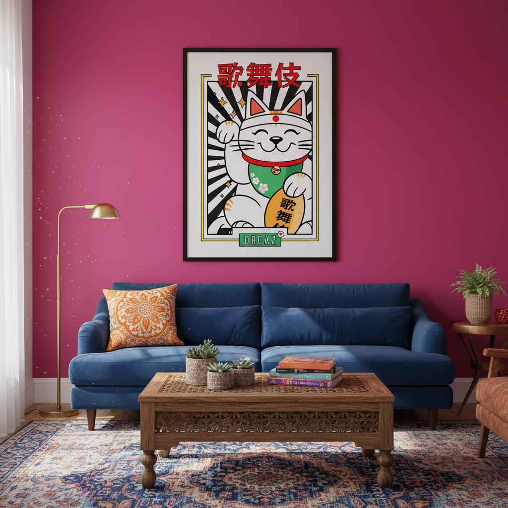 Affiche d'une illustration d'un chat porte bonheur japonais par Orcaz Designs.