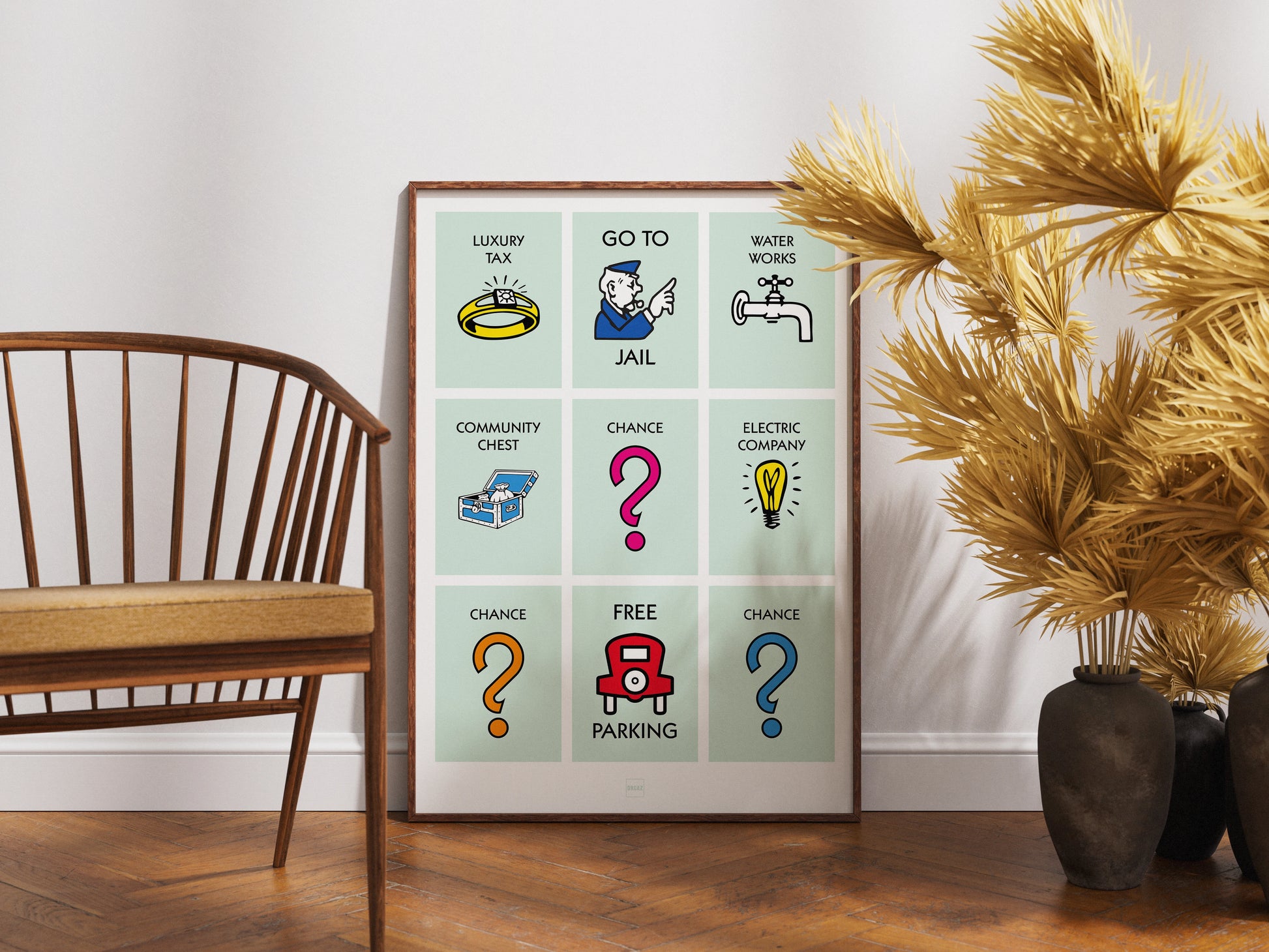 Affiche décorative avec encadrement inspirée des illustrations du jeu Monopoly.