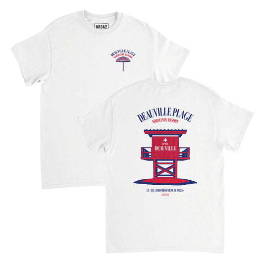 T-shirt blanc de face et de dos avec une impression tricolore bleu, blanc et rouge sur le thème de la ville de Deauville.