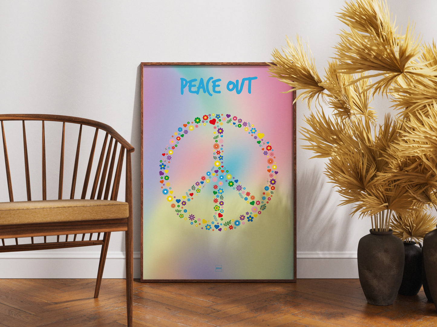 Poster de couleurs pastels en dégradé avec le symbole Peace and Love formé par des fleurs et des coeurs.
