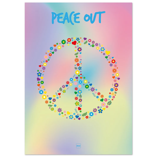 Affiche aux couleurs pastel en dégradé avec texte Peace Out et symbole Peace and Love composé de fleurs et de cœurs