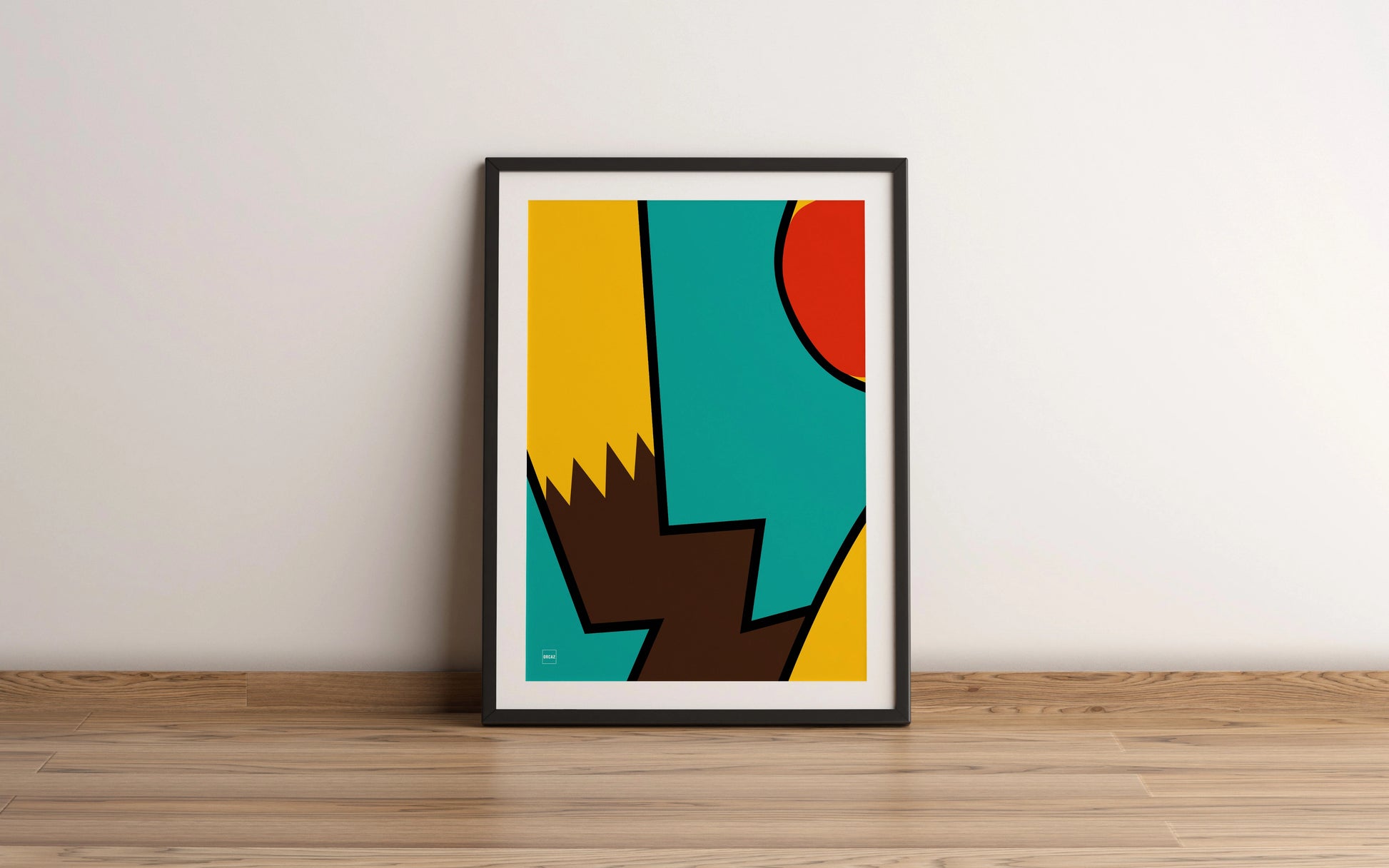 Affiche encadrée minimaliste du Pokemon Pikachu par Orcaz sur fond turquoise.