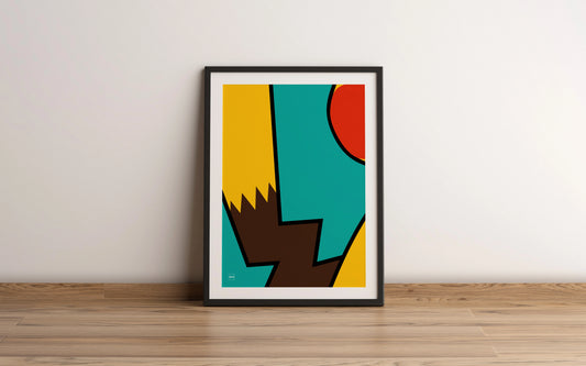 Affiche encadrée minimaliste du Pokemon Pikachu par Orcaz sur fond turquoise.