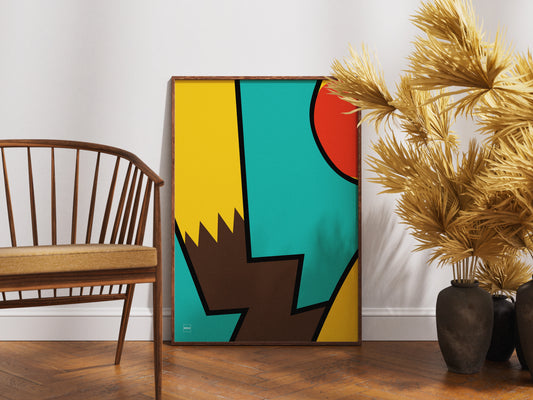 Affiche encadrée minimaliste du Pokemon Pikachu par Orcaz sur fond turquoise.