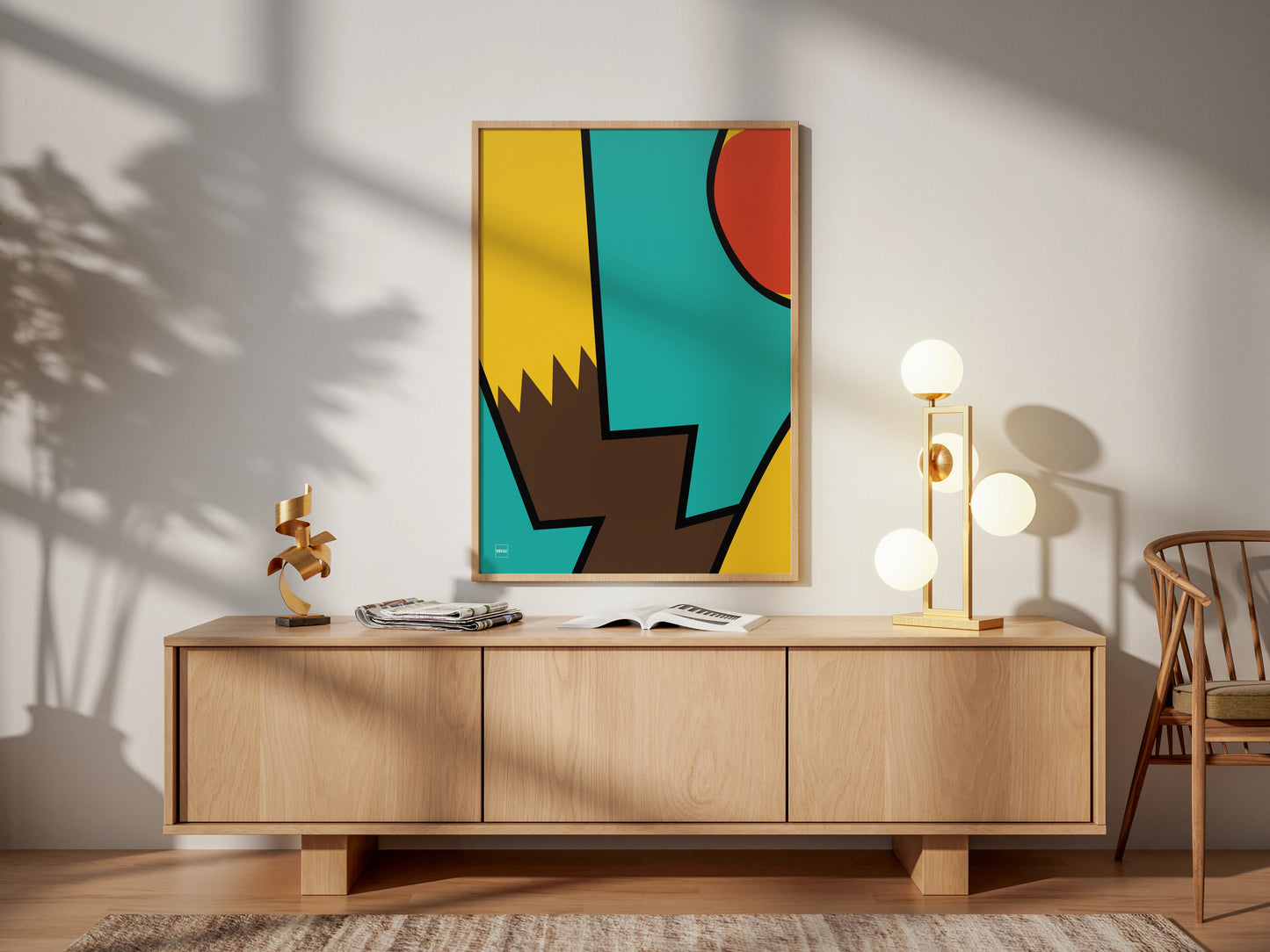 Affiche encadrée minimaliste du Pokemon Pikachu par Orcaz sur fond turquoise.