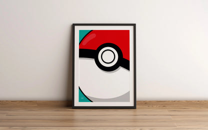 Affiche encadrée avec une Poké Ball en gros plan sur fond vert turquoise.