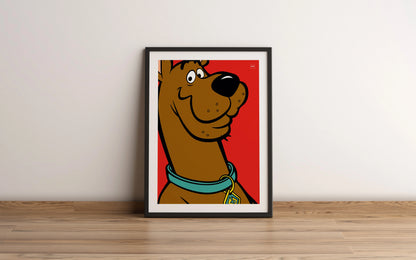 Affiche colorée du chien Scooby-Doo sur fond rouge par Orcaz Designs.