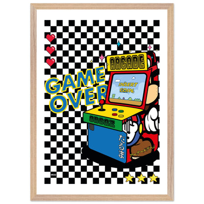 Poster encadrée d'une borne d'arcade rétro sur damier noir et blanc.