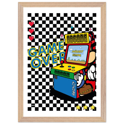 Poster encadrée d'une borne d'arcade rétro sur damier noir et blanc.