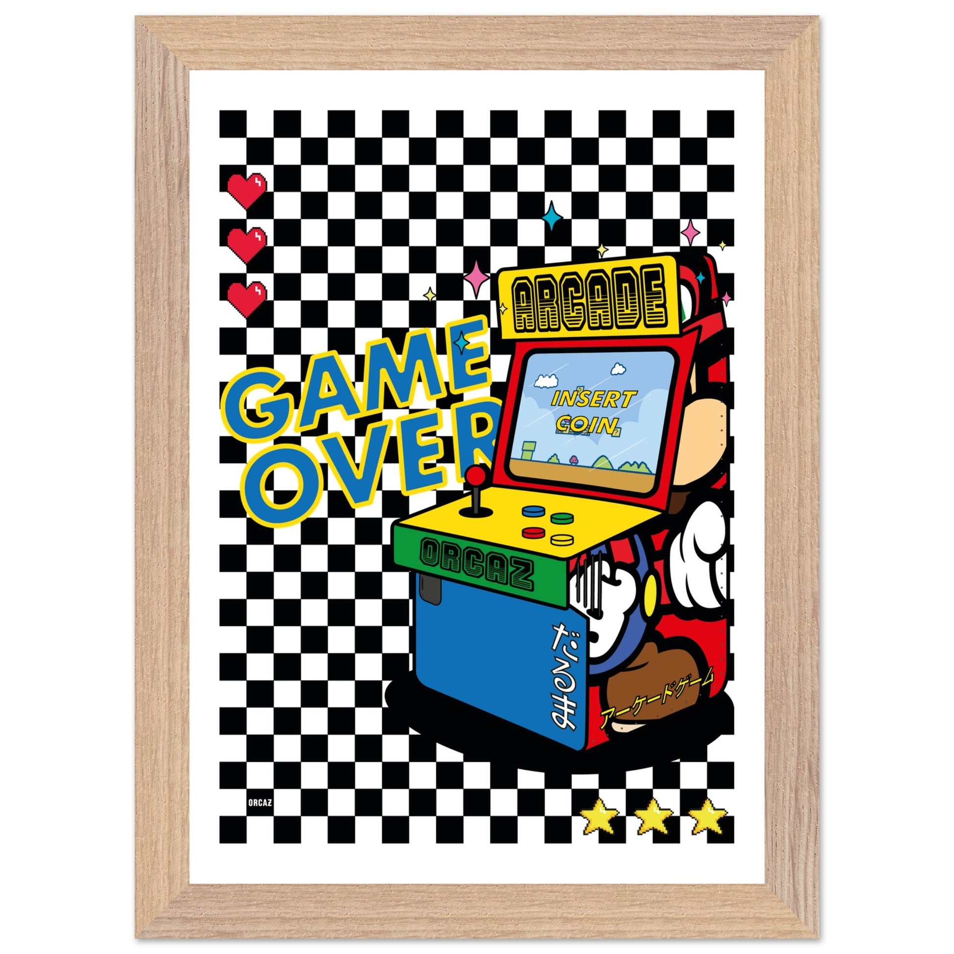 Poster encadrée d'une borne d'arcade rétro sur damier noir et blanc.