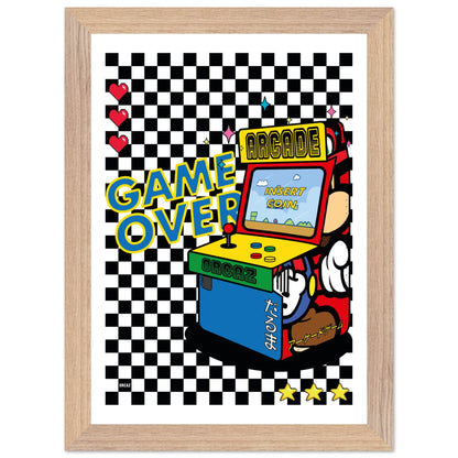 Poster encadrée d'une borne d'arcade rétro sur damier noir et blanc.