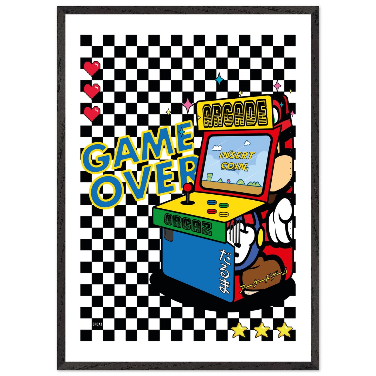Poster encadrée d'une borne d'arcade rétro sur damier noir et blanc.