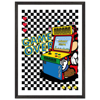 Poster encadrée d'une borne d'arcade rétro sur damier noir et blanc.