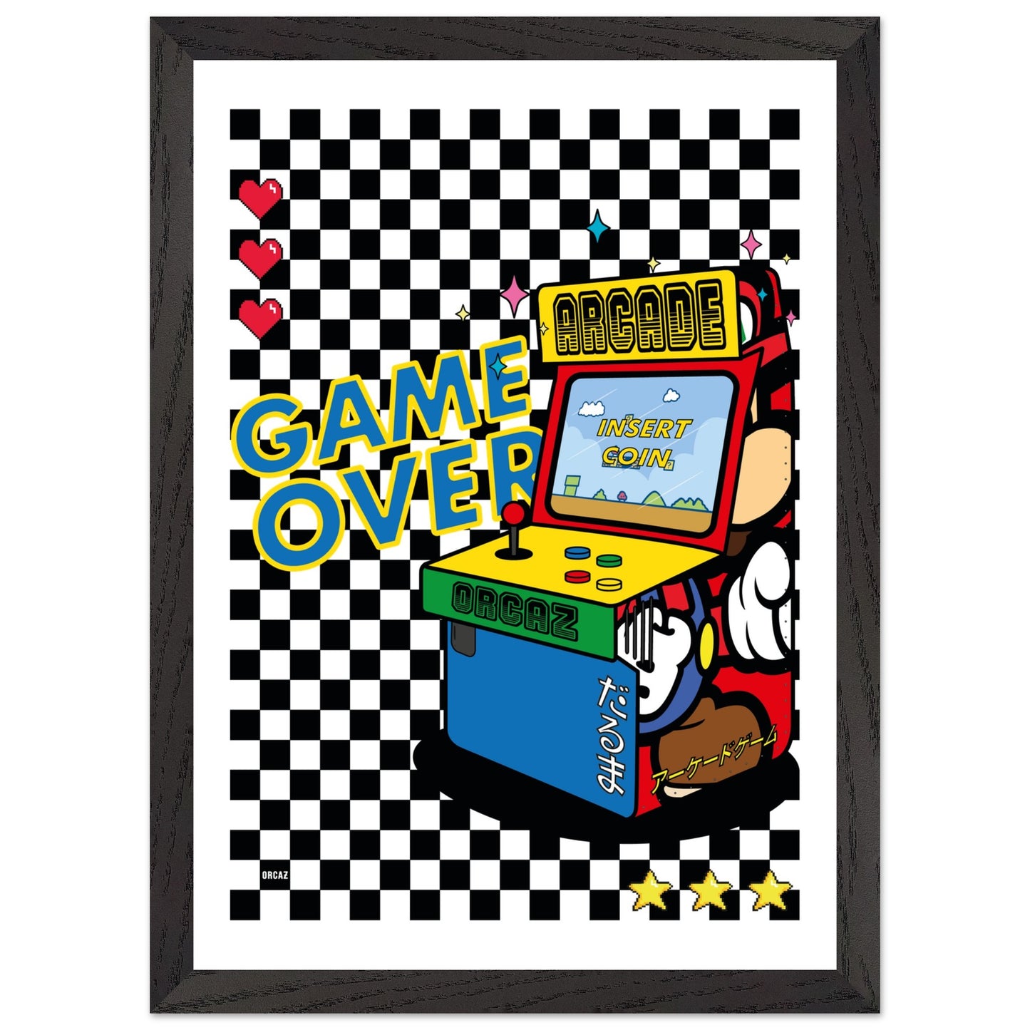 Poster encadrée d'une borne d'arcade rétro sur damier noir et blanc.