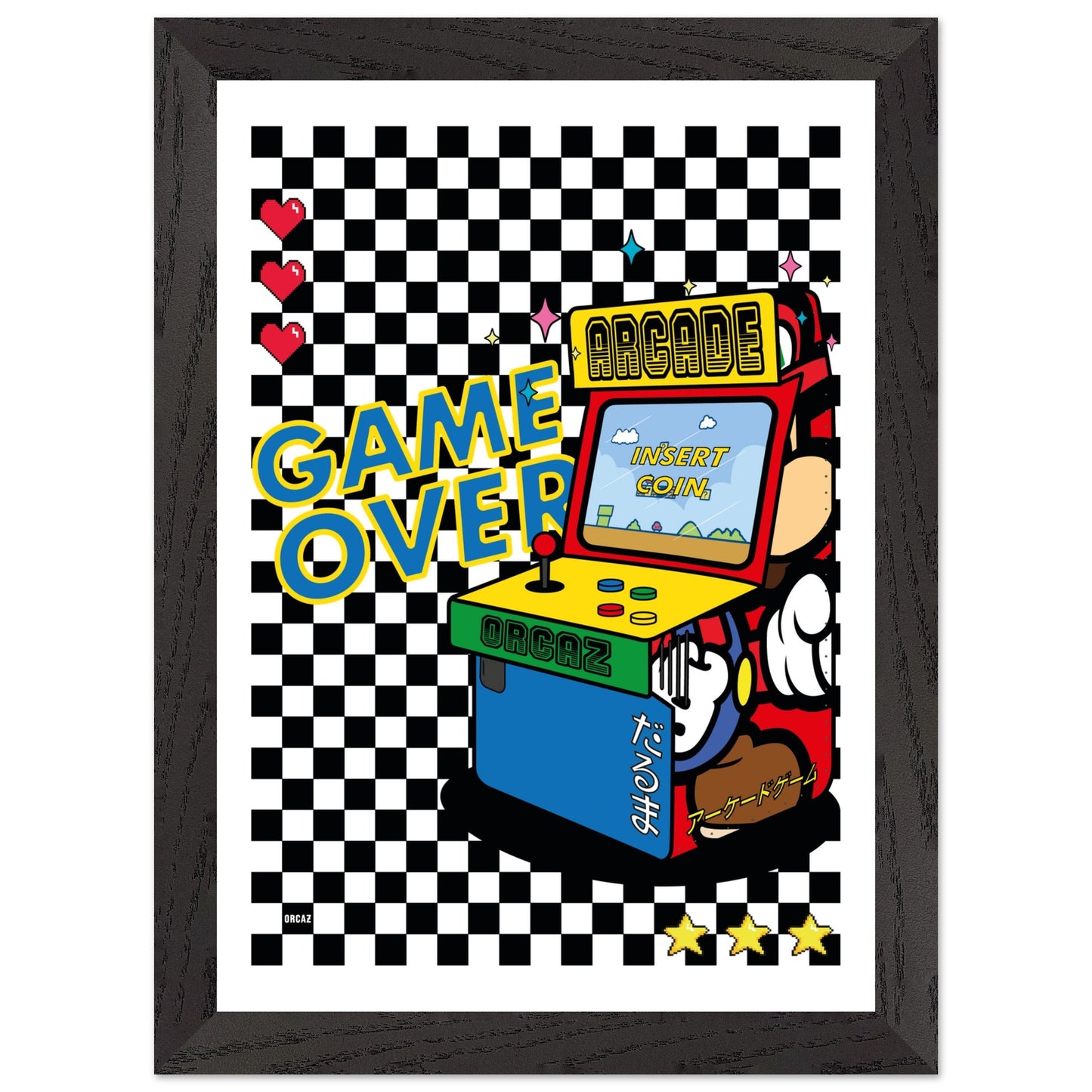 Poster encadrée d'une borne d'arcade rétro sur damier noir et blanc.