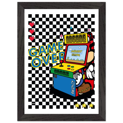 Poster encadrée d'une borne d'arcade rétro sur damier noir et blanc.