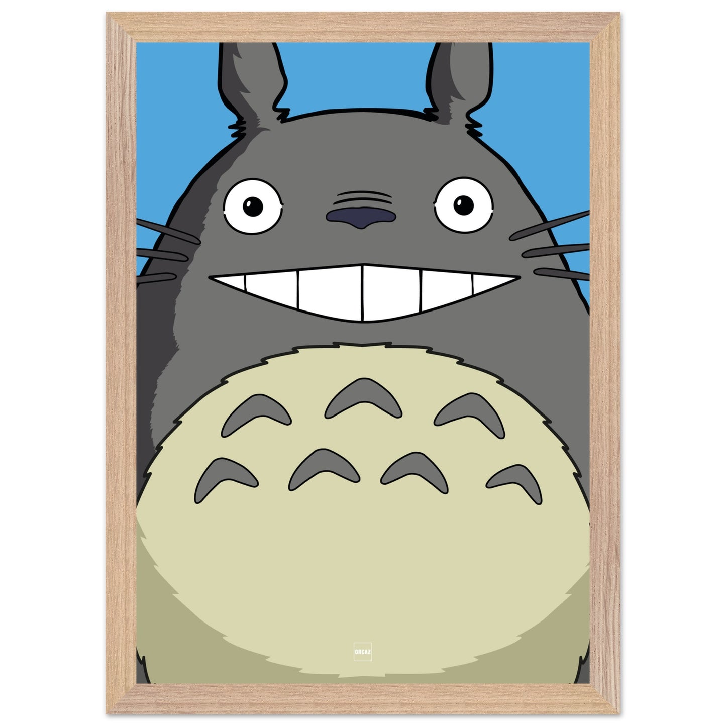 Affiche avec encadrement en bois du personnage Totoro en version minimaliste sur fond bleu ciel.