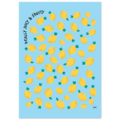 Poster sur le thème du citron sur un fond bleu ciel.