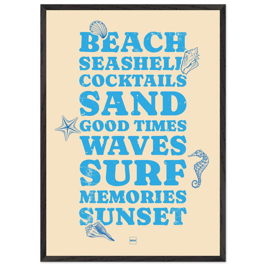 Affiche encadrée "Good Times" par Orcaz Designs sur le thème du bord de mer avec un fond beige et une typographie bleue ciel.