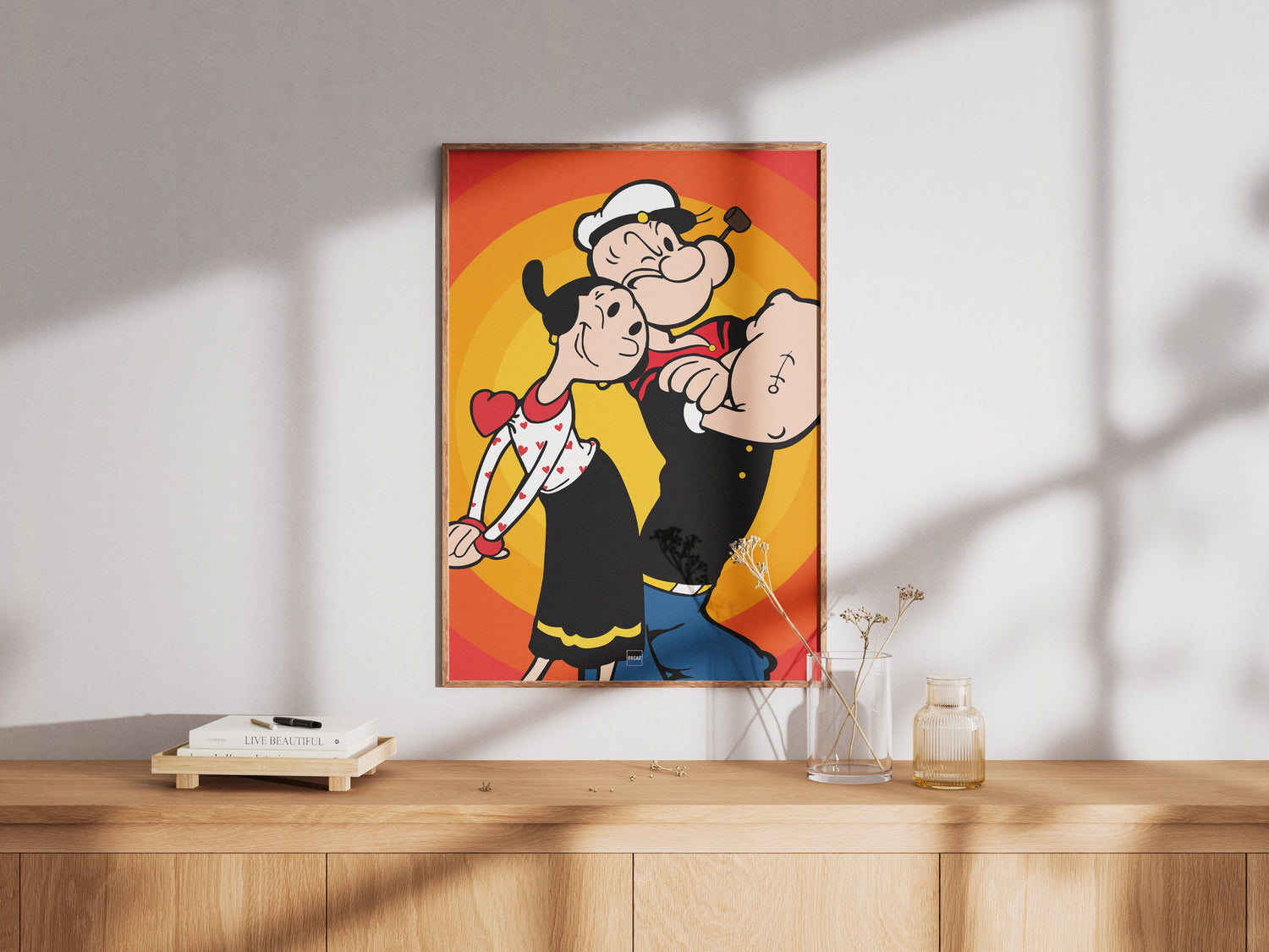 Poster grand format du personnage Popeye et sa femme avec encadrement en bois. 