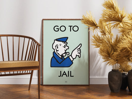 Affiche décorative avec encadrement inspirée de l'illustration Allez en prison du jeu Monopoly.