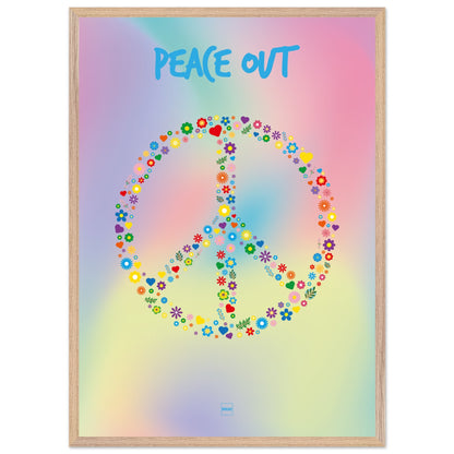 Poster de couleurs pastels en dégradé avec le symbole Peace and Love formé par des fleurs et des coeurs.