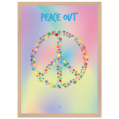 Poster de couleurs pastels en dégradé avec le symbole Peace and Love formé par des fleurs et des coeurs.