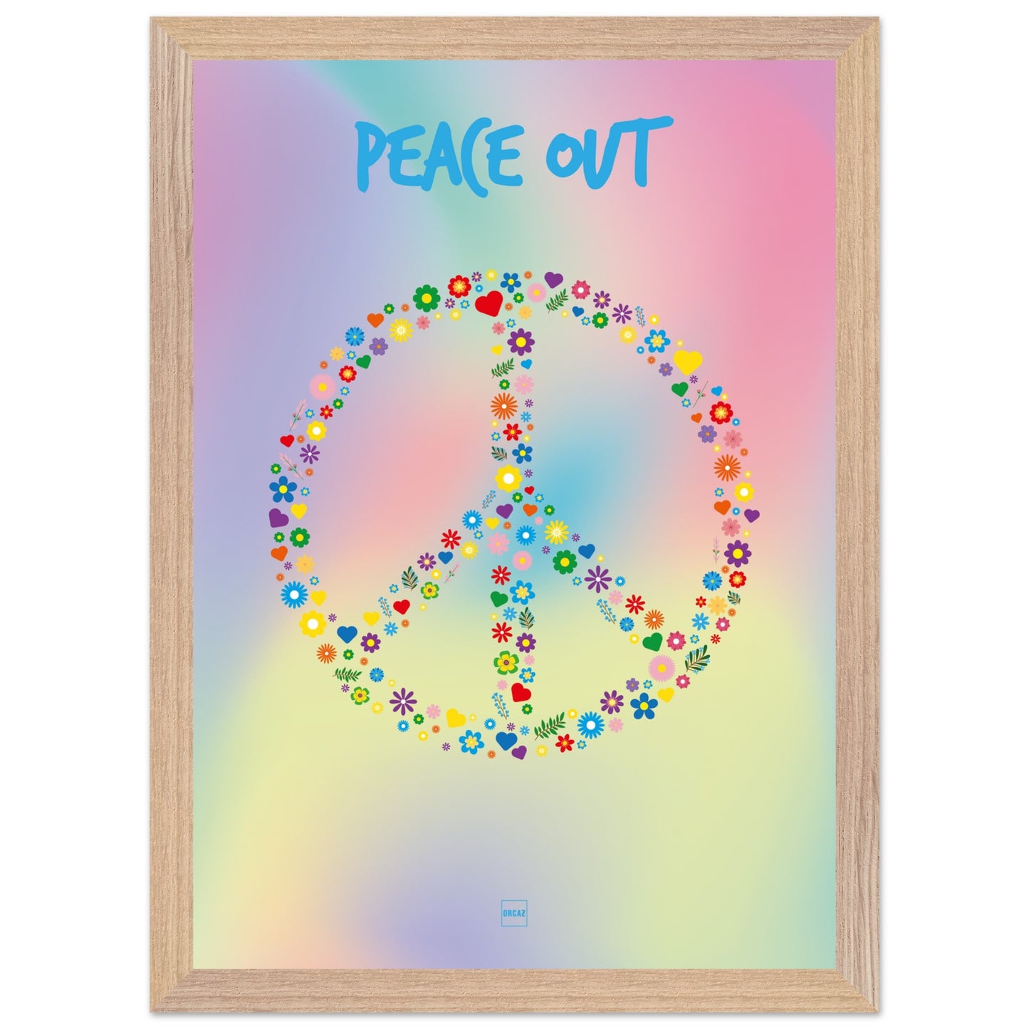 Poster de couleurs pastels en dégradé avec le symbole Peace and Love formé par des fleurs et des coeurs.