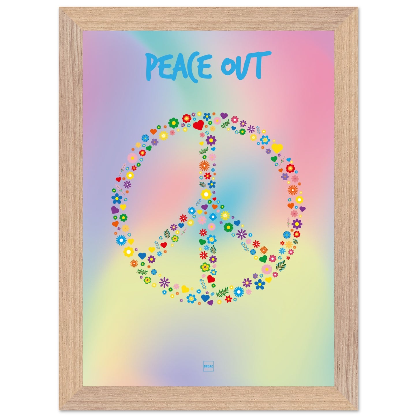 Poster de couleurs pastels en dégradé avec le symbole Peace and Love formé par des fleurs et des coeurs.