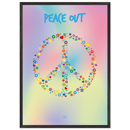 Poster de couleurs pastels en dégradé avec le symbole Peace and Love formé par des fleurs et des coeurs.