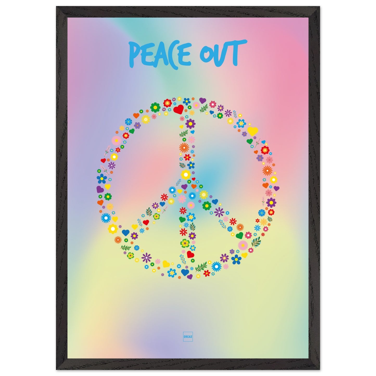 Poster de couleurs pastels en dégradé avec le symbole Peace and Love formé par des fleurs et des coeurs.