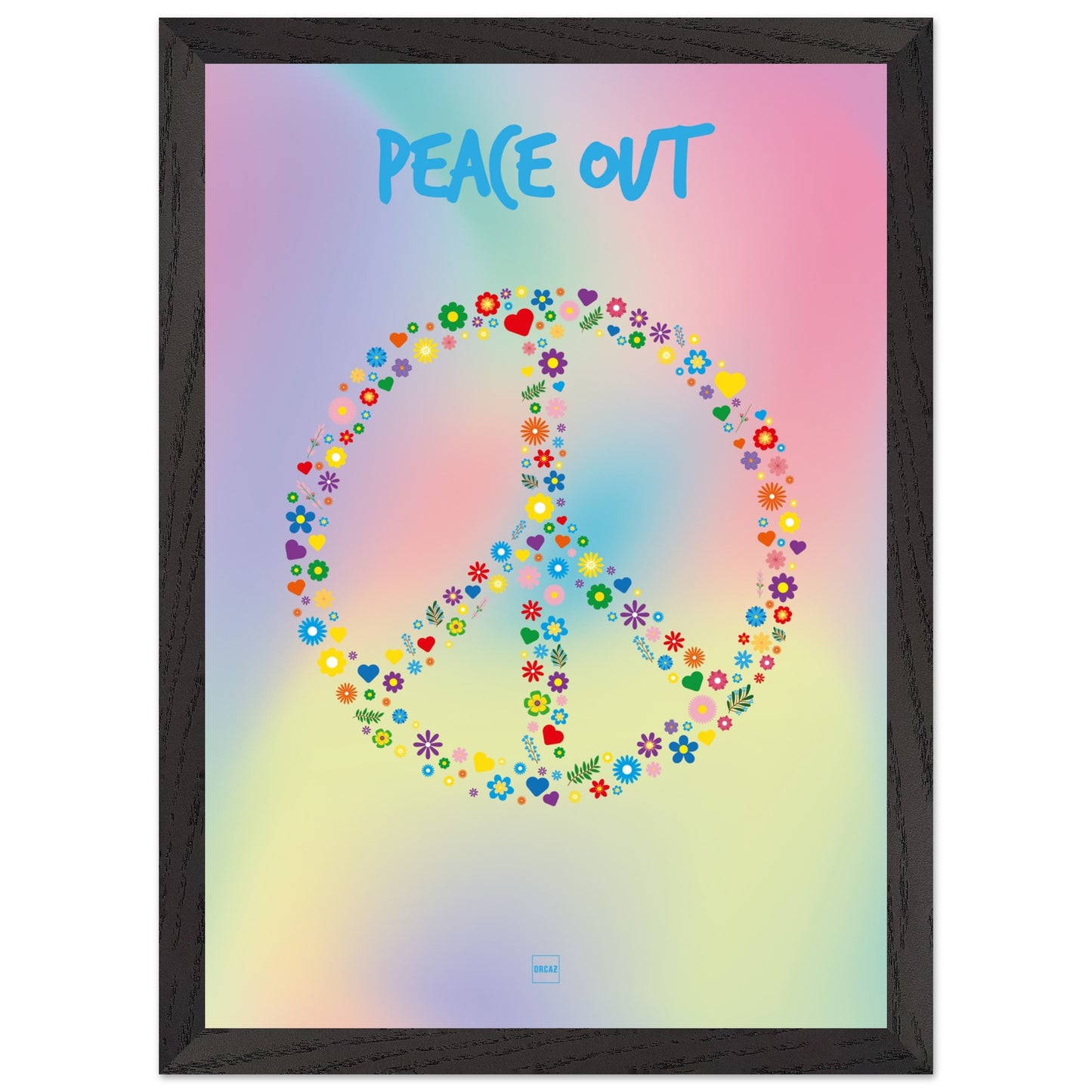 Poster de couleurs pastels en dégradé avec le symbole Peace and Love formé par des fleurs et des coeurs.