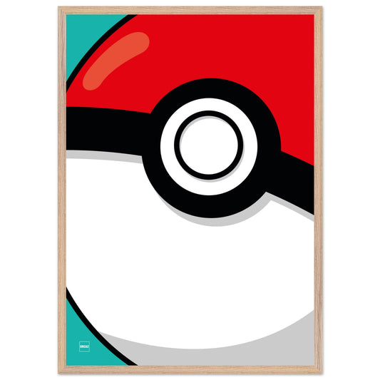 Poster d'une Poké Ball en gros plan avec encadrement en bois.