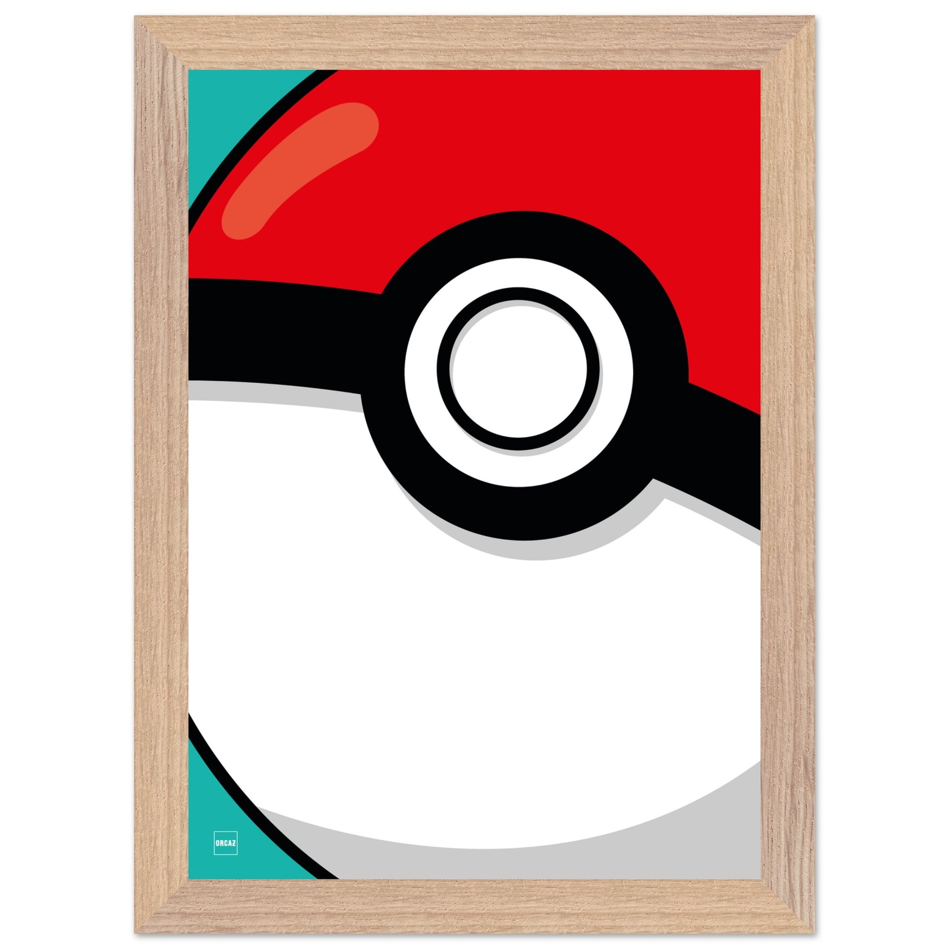 Poster d'une Poké Ball en gros plan avec encadrement en bois.