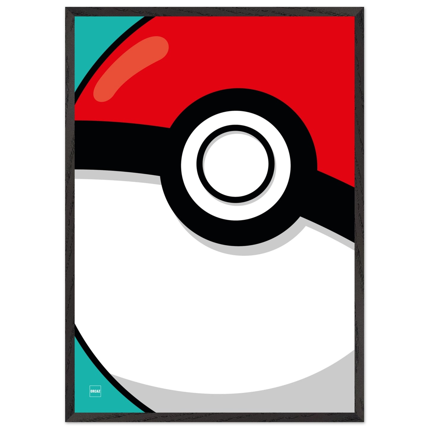 Poster d'une Poké Ball en gros plan avec encadrement en bois.