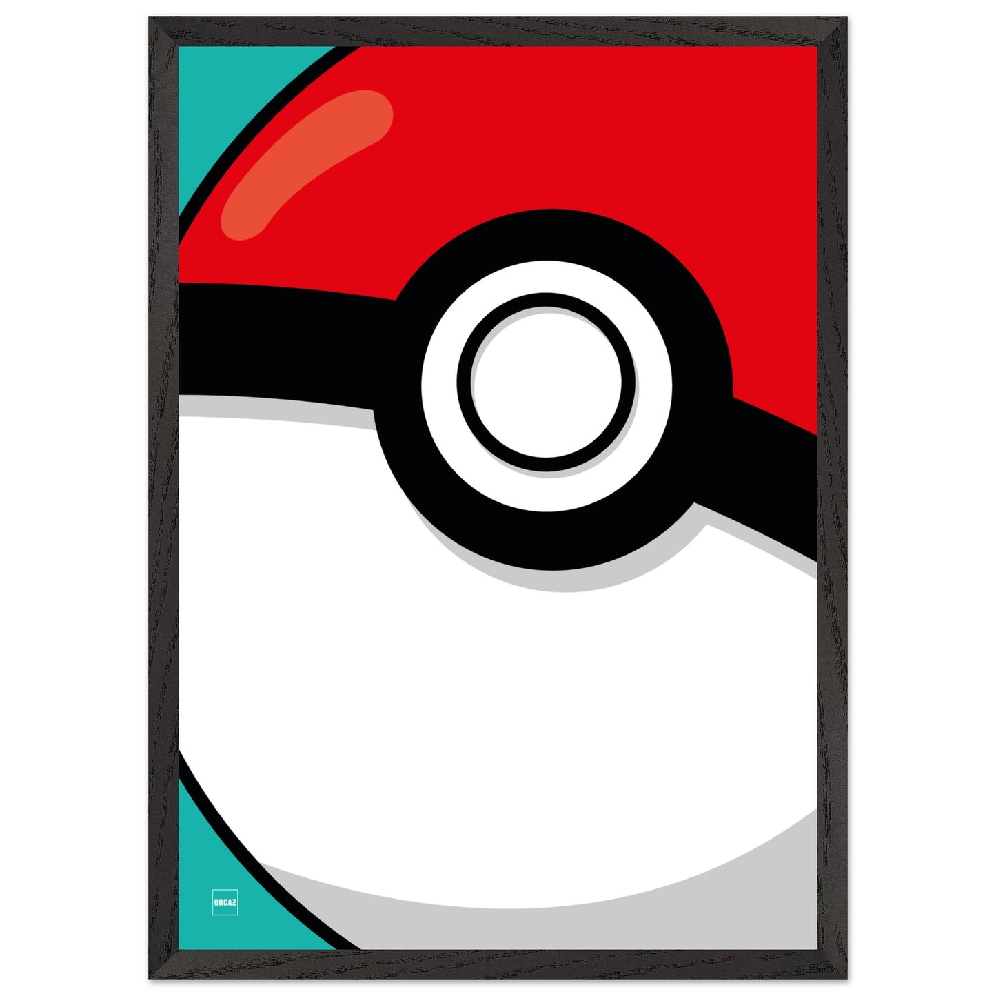 Poster d'une Poké Ball en gros plan avec encadrement en bois.