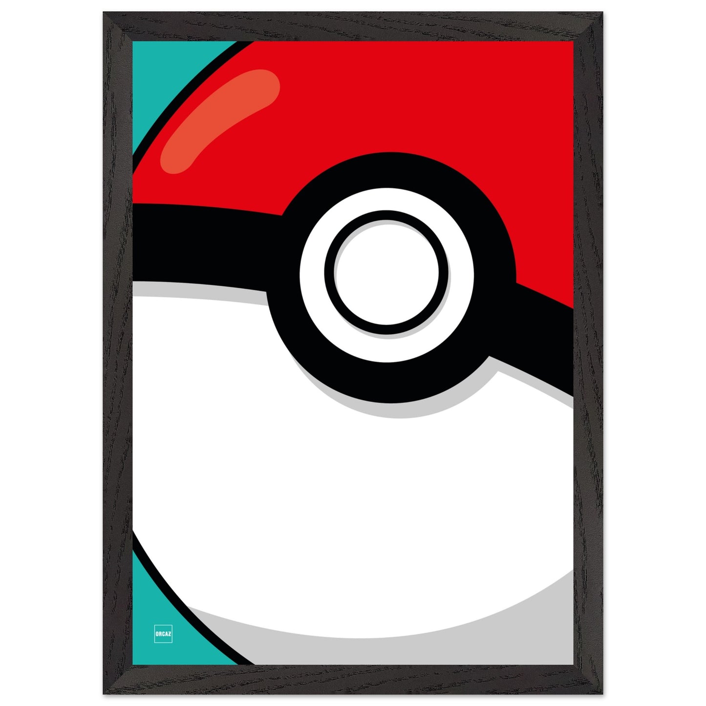 Poster d'une Poké Ball en gros plan avec encadrement en bois.