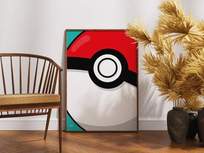 Poster d'une Poké Ball en gros plan avec encadrement en bois.