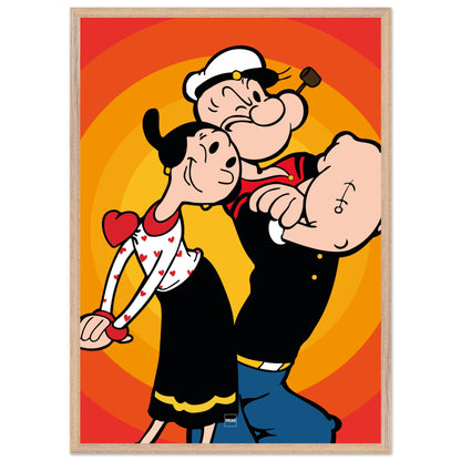 Affiche encadrée en bois du personnage Popeye sur fond orange et rouge.
