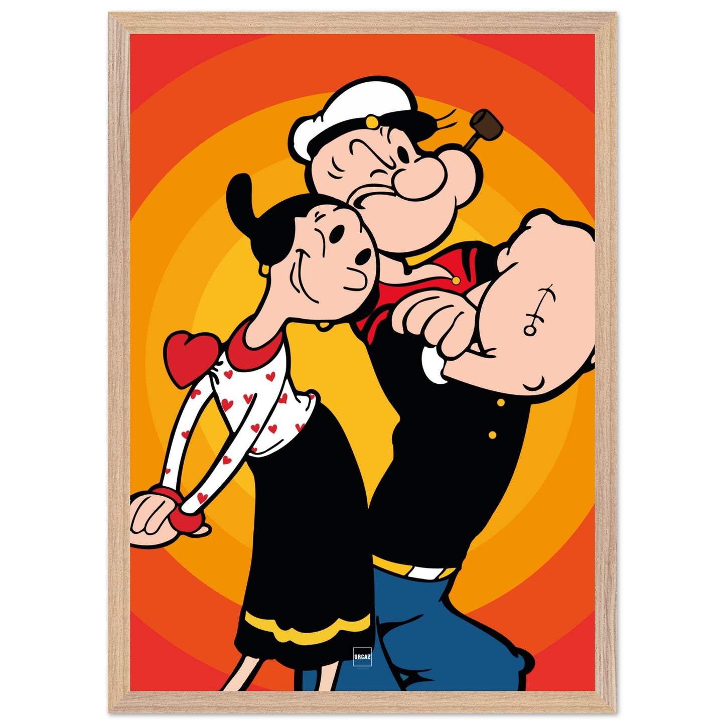 Affiche encadrée en bois du personnage Popeye sur fond orange et rouge.