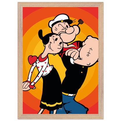 Affiche encadrée en bois du personnage Popeye sur fond orange et rouge.