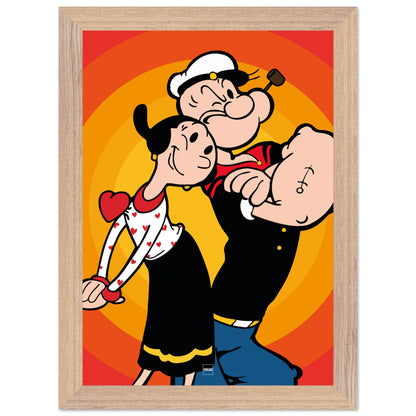 Affiche encadrée en bois du personnage Popeye sur fond orange et rouge.