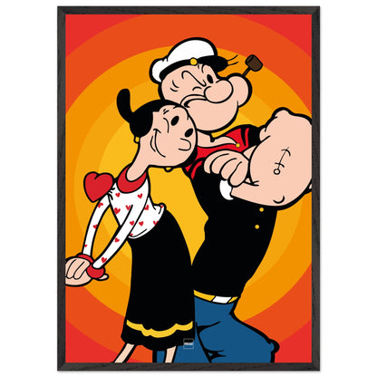 Affiche encadrée en bois du personnage Popeye sur fond orange et rouge.