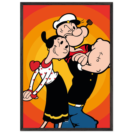 Affiche encadrée en bois du personnage Popeye sur fond orange et rouge.