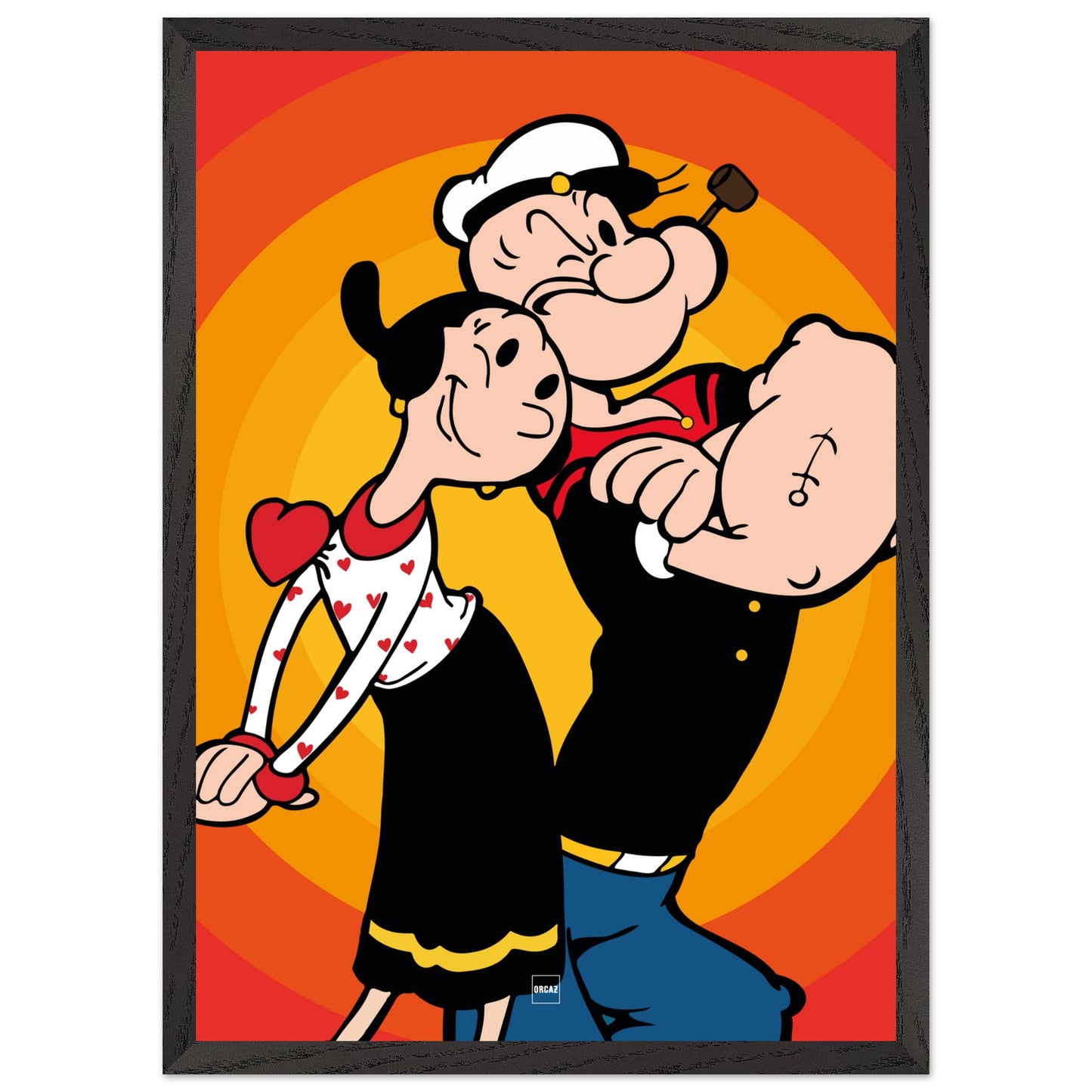 Affiche encadrée en bois du personnage Popeye sur fond orange et rouge.