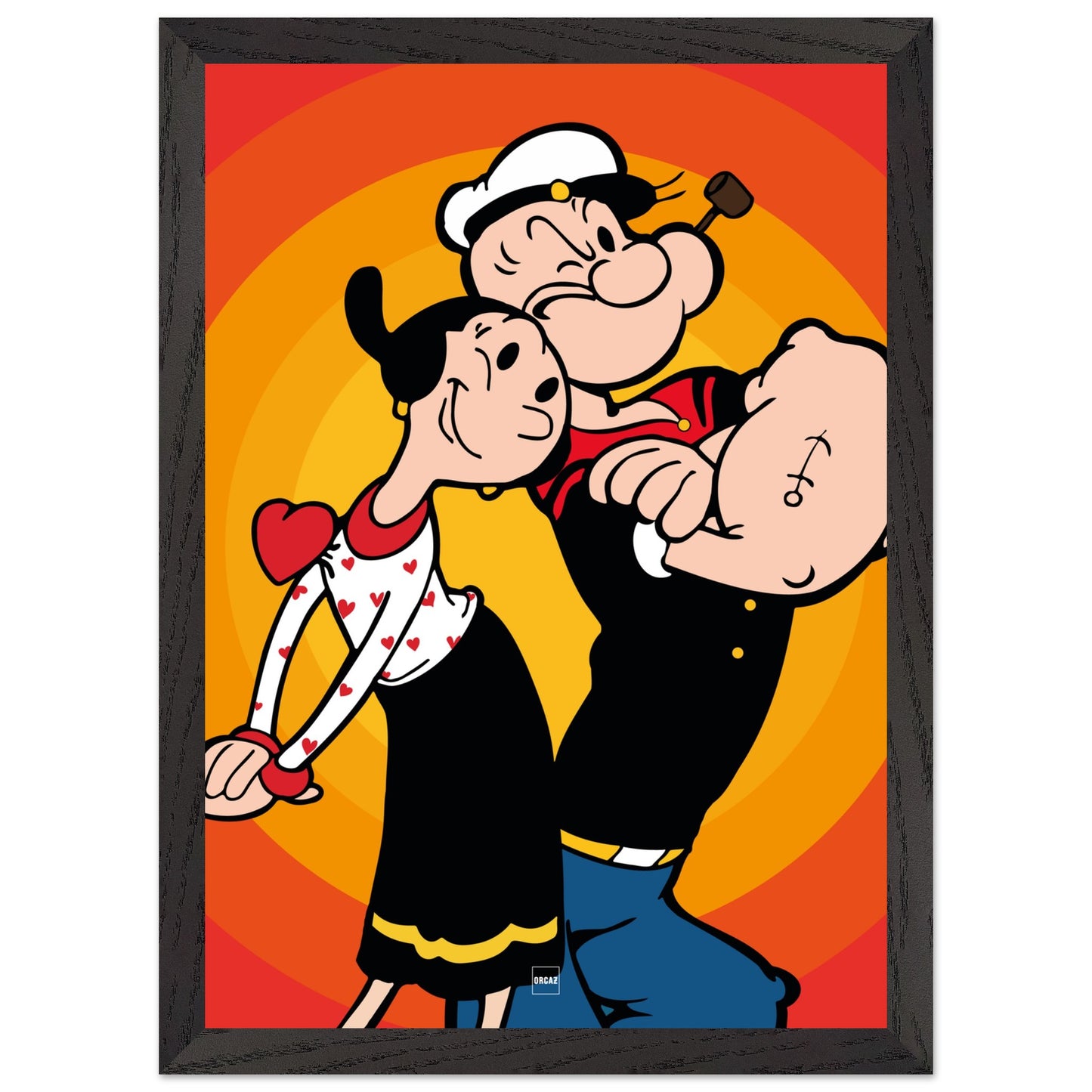 Affiche encadrée en bois du personnage Popeye sur fond orange et rouge.